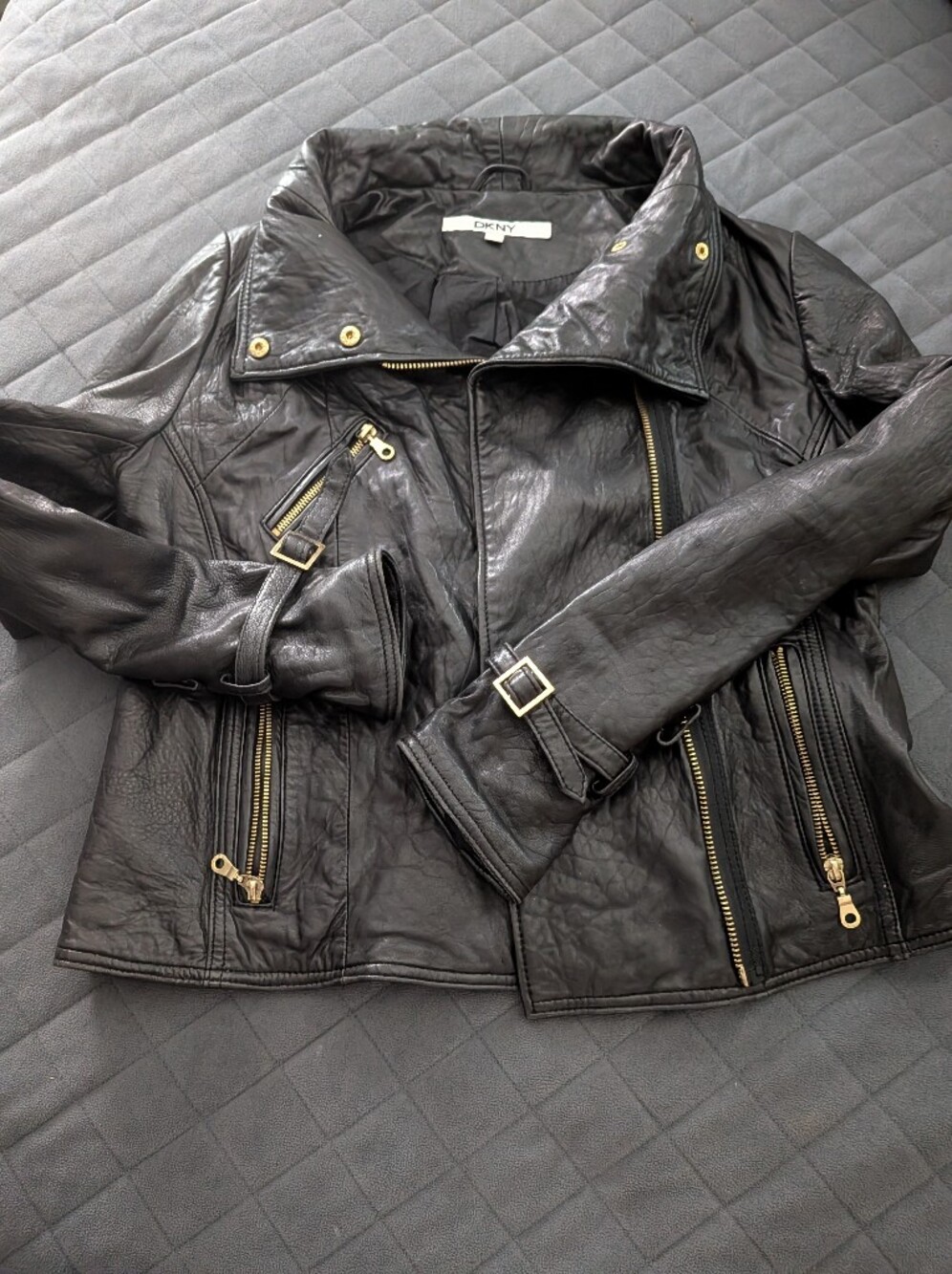 DKNY Genuine Lamb Leather Moto Jacket Black Gold Hardware Size M